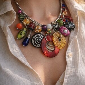 Boho Multicolor Charm Statement Necklace - Unbranded